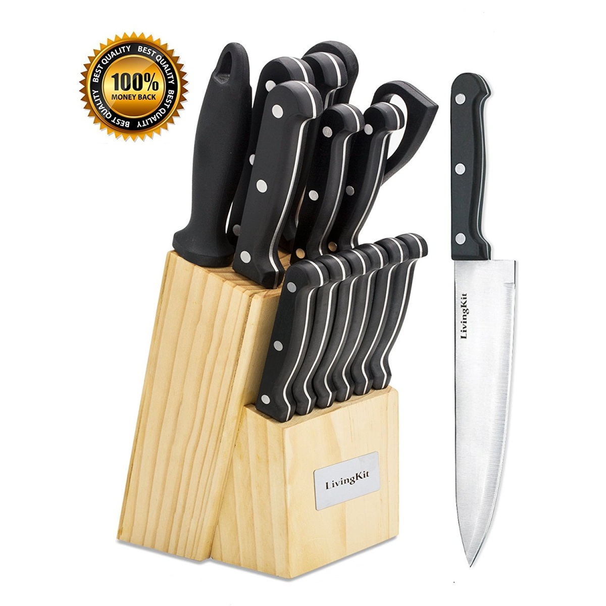 LivingKit Stainless Steel Kitchen Knife Block Set Block 14 Piece For Home Cooking Culinary School Commercial Kitchen